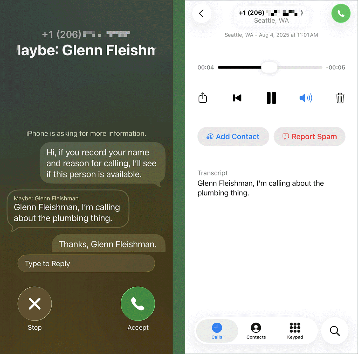 Screenshot of Call Screening shown side by side: left, the screened conversation as it occurred in real time; right, the transcribed screening message in Voicemail