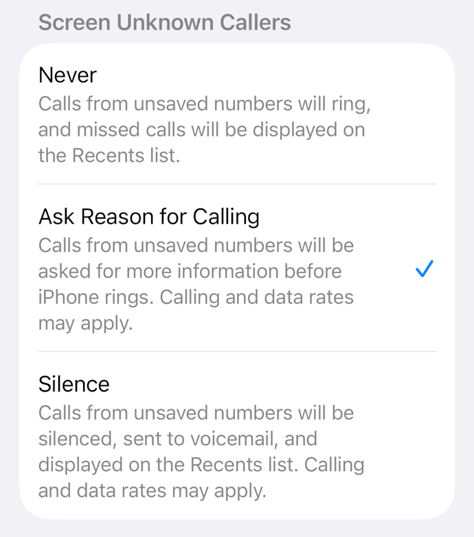Screenshot of iPhone Screen Unknown Callers settings