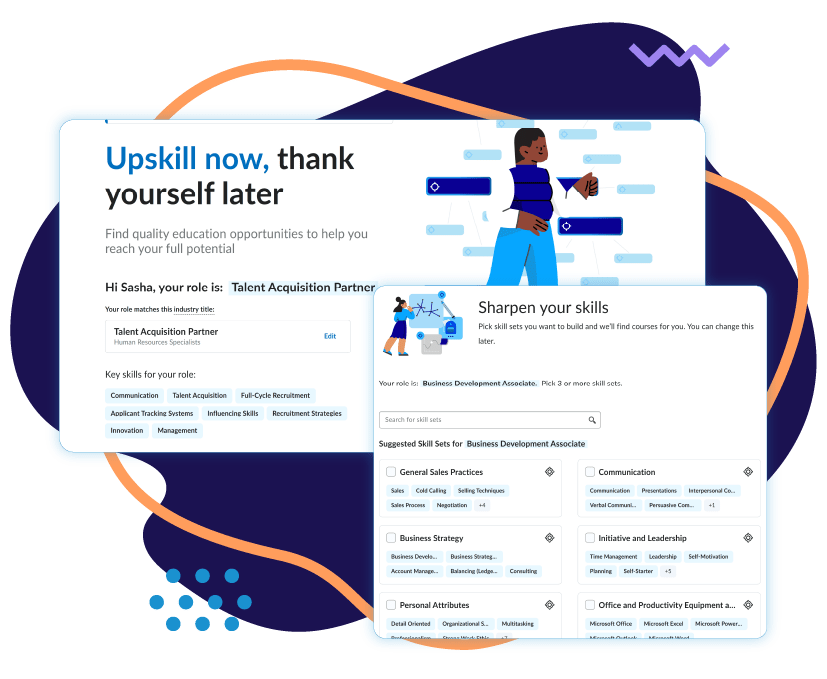 SkillsWave platform screenshot showcasing learning recommendations, AI skill mapping, and personalized learning pathways.