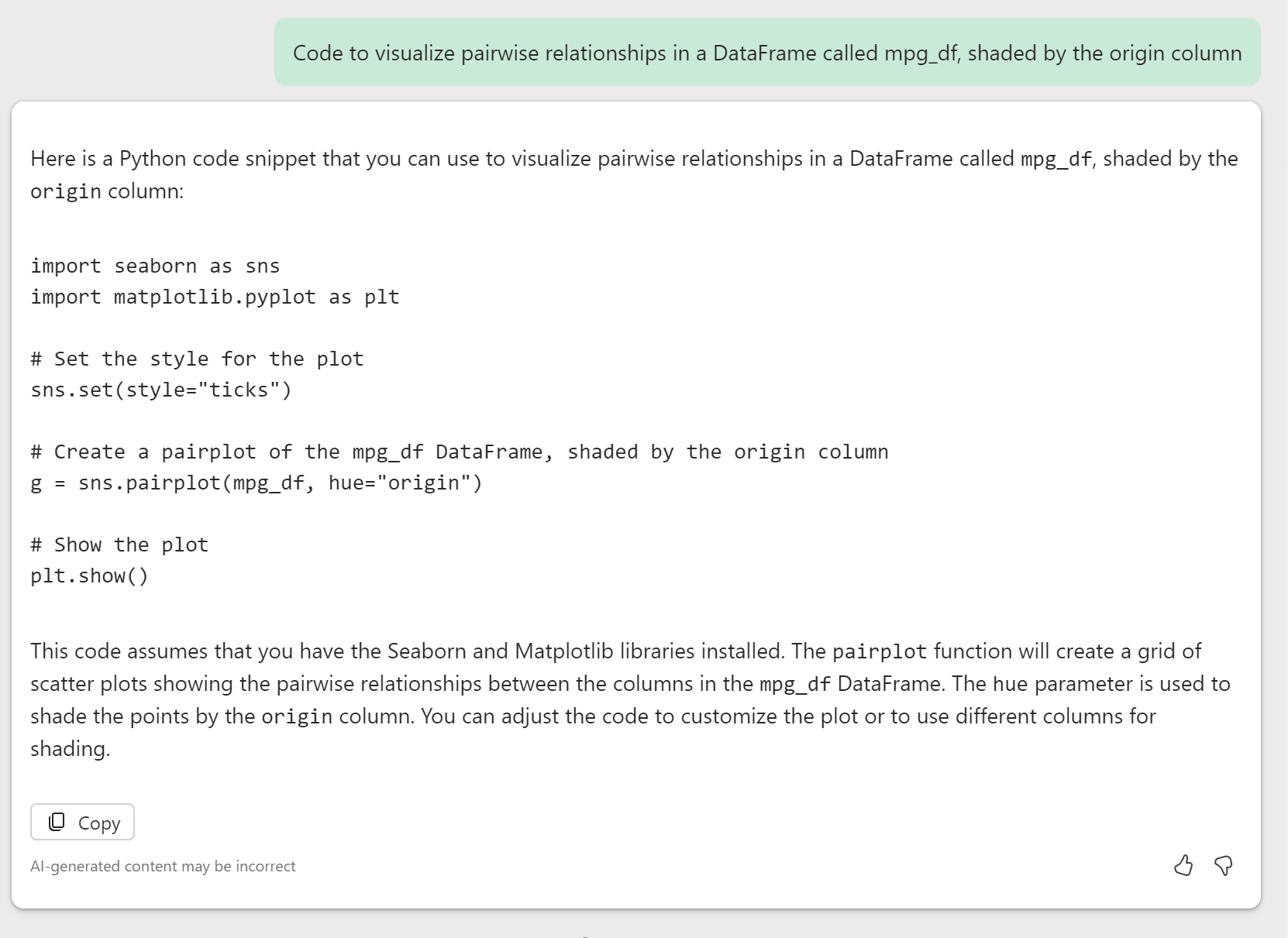 Python code to generate a pairplot