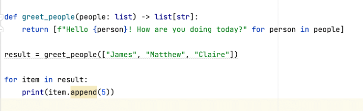 Screenshot from PyCharm showing warnings due to type hints in Python for function return values