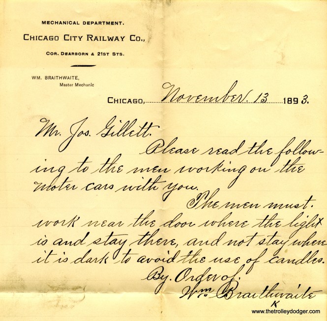 A rare Chicago City Railway Company memo dated November 13, 1893, ordering a reduction in the use of candles.