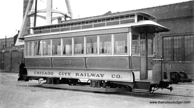 Chicago City Railway cable trailer 209 in October 1938. Supposedly built around 1892, it appears to be a replica fabricated by CSL in 1934 using some original parts. It is now preserved at the Illinois Railway Museum. (Alfred Seibel Photo)