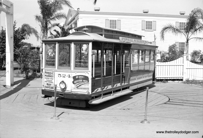 San Francisco Municipal Railway #524 in Chicago on August 28, 1948 at the Chicago Railroad Fair. This was the actual last cable car to operate in Chicago, and was done under the sponsorship of the Western Pacific Railroad. #524 has been renumbered #24 and is still in service in San Francisco after being extensively rebuilt by Muni in 1958. On September 2, 1956, car No. 524 also made the last trip on the Washington-Jackson line as the SF cable car network was consolidated.