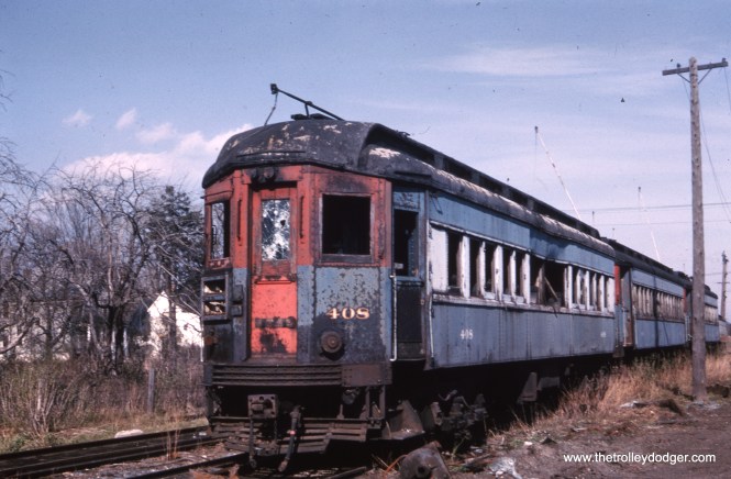 Chicago, Aurora & Elgin car 408 is in pretty sad shape in this photo taken just prior to its scrapping in 1962. It was a sister car to 409, which was sold to Trolleyville USA and came to the Illinois Railway Museum in 2009. We can be fortunate that there were enterprising railfan photographers who documented the last days of the
