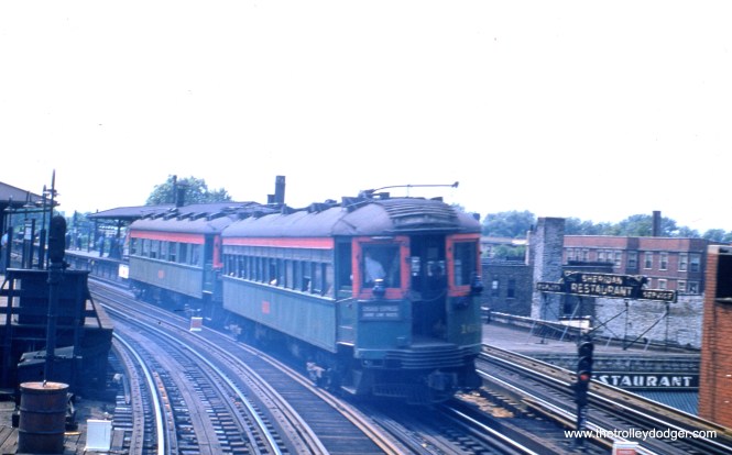 NSL 167 is at the tail end of a northbound two-car train approaching the CTA Sheridan Road station on July 6, 1955. This was a Chicago Express on the Shore Line Route during its final weeks of service.