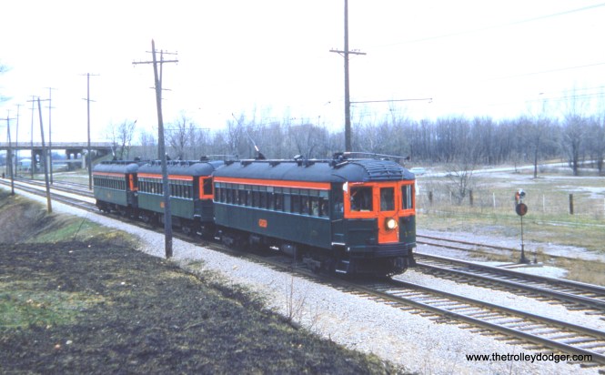 CNS&M 159, 169, and 175 heading southbound from Milwaukee at the Racine Quarry siding on April 19, 1959. Fans today sometimes refer to these as "Greenliners."
