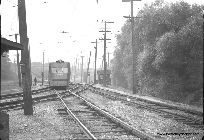 One of the two Electroliners at North Chicago Junction nortbound approaching Junction station. This picture was taken no later than 1955, as the Shore Line route via Sheridan Road to Waukegan is still present.