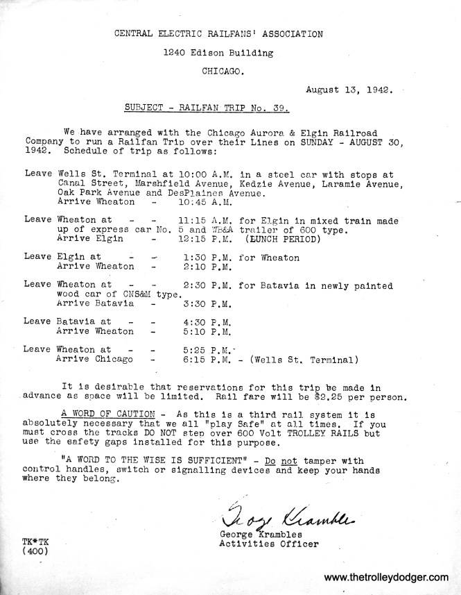 Itinerary for a 1942 fantrip on the Chicago, Aurora & Elgin.