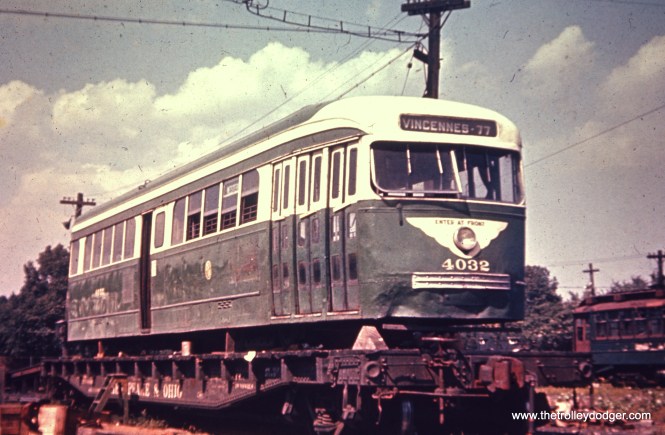 CTA Prewar PCC 4032 being shipped out from South Shops for scrapping. According to the list compiled by Andre Kristopans, the date is around August 13, 1956, about two months after streetcar service ended on route 49 Western.