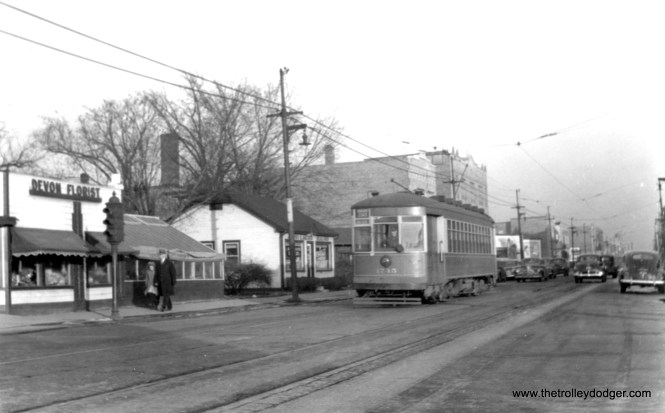 CSL 1745 at Devon and Sacramento. As another "169" or Broadway-State car, Don's Rail Photos adds, "1745 was built by CSL in 1923. It was rebuilt as one-man in 1949." This photo predates the rebuilding since a one-man car of this type would have a white stripe on the front. (Edward Frank, Jr. Photo)