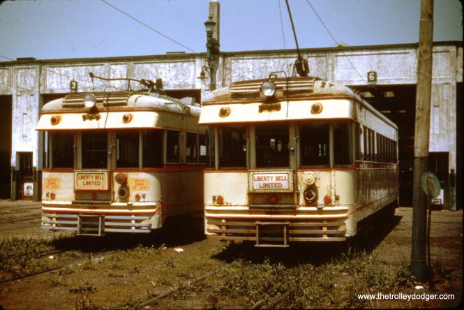 A rear view of two Lehigh Valley Transit ex-Cincinnati & Lake Erie "Red Devils" shows how their squared-off ends were not designed for multiple-unit operation. By comparison, car 1030, adapted from Indiana Railroad car 55, had a rounded end and was designed for multiple unit operation. Presumably, this is the Fairview car barn in Allentown. Liberty Bell Limited interurban service ended in 1951.