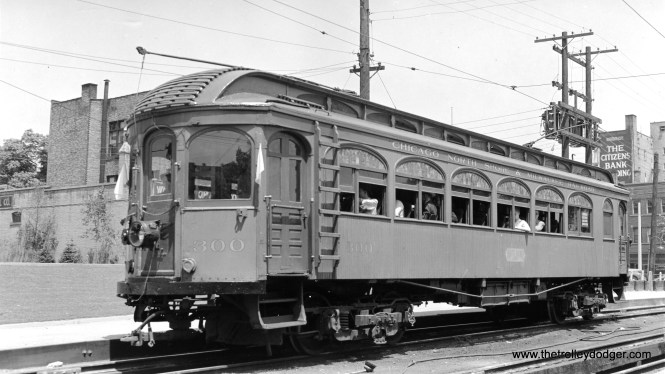 Don's Rail Photos says, "300 thru 302 were built by Jewett in 1909 as mainline coaches. As the steel cars arrived, they were downgraded to local and school tripper service. In 1936 they became sleet cutters. In 1939 300 was turned over to the Central Electric Railfans Association as a private car. The ownership remained with the CNS&M, but the maintenance was taken over by CERA. During the war, with many members in service, CERA relinquished control, and the car was scrapped in 1947. 301 and 302 were retired in 1939 and scrapped in 1940."