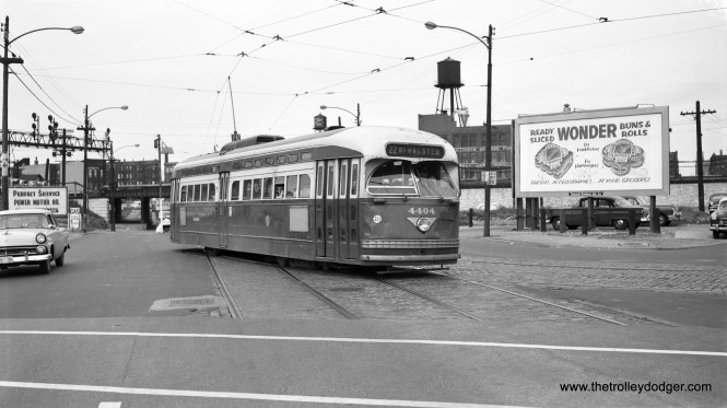 CTA postwar PCC 4404 is heading south, turning from Archer onto Wentworth on June 20, 1958, the last full day of streetcar service in Chicago. This was the last photo of a Chicago streetcar taken by the late Bob Selle.