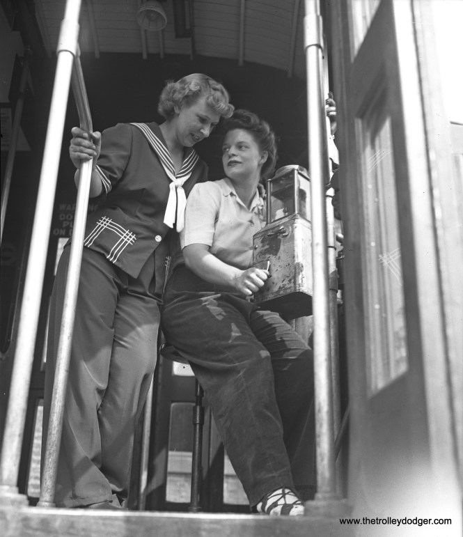 Faced with a manpower shortage during World War II, some transit lines hired female operators (although the Chicago Surface Lines did not). Here, we see Mrs. Cleo Rigby (left) and Mrs. Katherine Tuttle training in North Chicago on June 25, 1943. That would be for the North Shore Line's city streetcar operations, which were mainly in Waukegan.