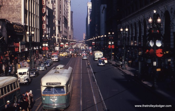 CTA PCC 7256 heads south on State Street at Van Buren in the 1950s.