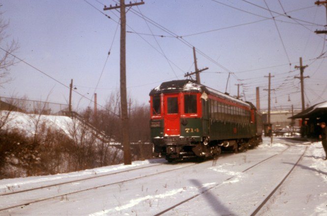 North Shore Line 714 on January 20, 1963, the last full day of service before abandonment. 714 is now at the Illinois Railway Museum.
