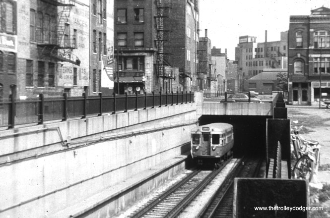The north portal of the Dearborn-Milwaukee Subway at Evergreen Street.