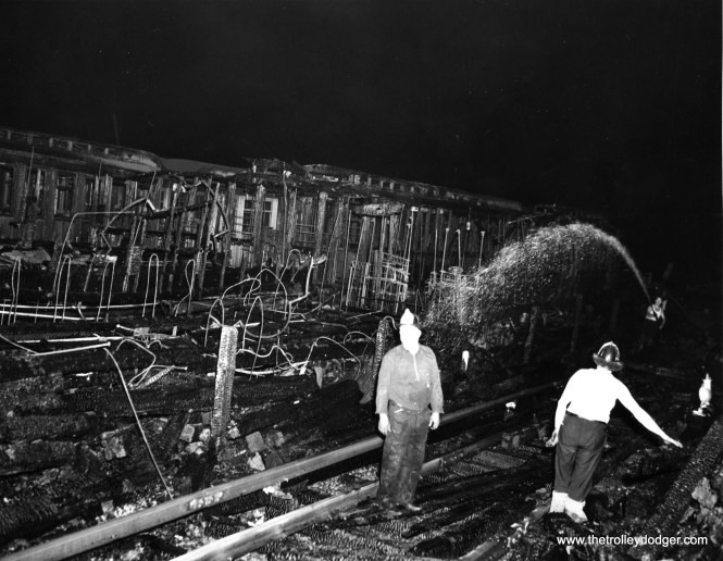 The results of a fire that destroyed several wooden el cars on New York's system.. Wooden cars were banned from use in the Chicago subways for safety reasons.