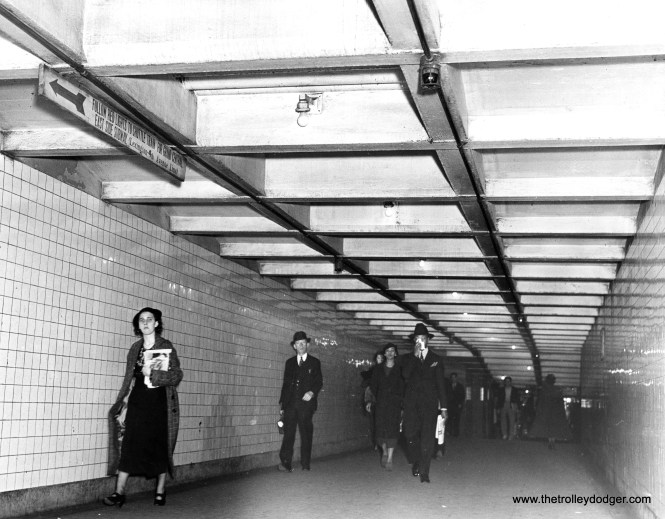 A New York subway passage in 1937, showing the widespread use of subway tile. Chicago's subways were in turn influenced by New York's far more extensive system.