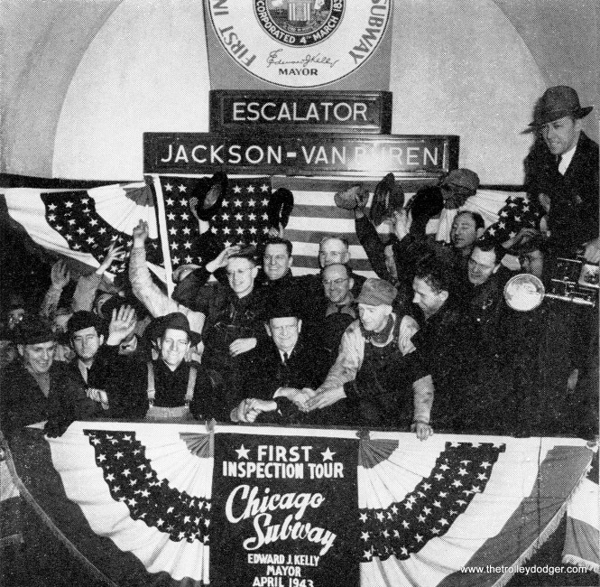 Mayor Kelly celebrates the first ceremonial trips (using one track and only two of the stations) on the State Street Subway in April 1943, just prior to a mayoral election.