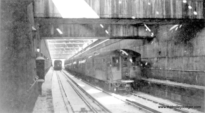 A snowy scene at the north portal of the State Street Subway, early 1940s.