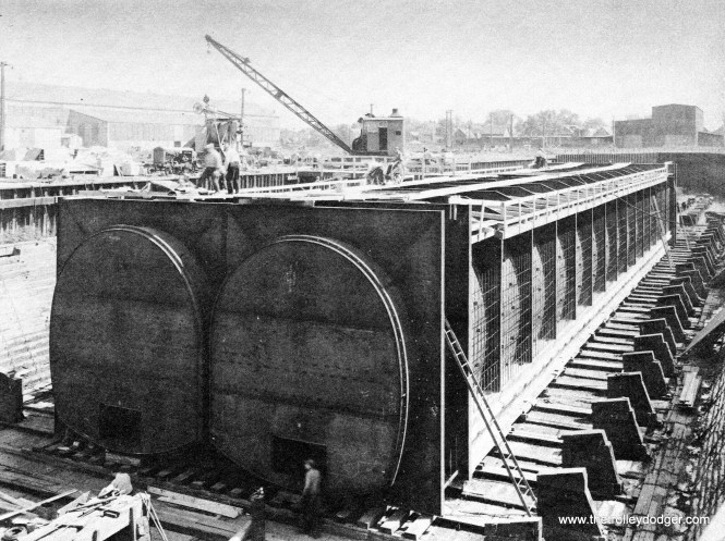 The two steel tubes for the State Street Subway's crossing of the Chicago River, before they were sunk into place in 1939.
