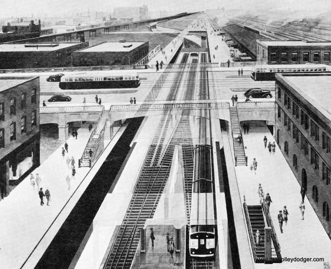 Subway plans from the late 1930s, showing new railcars similar to contemporary ones used in New York.