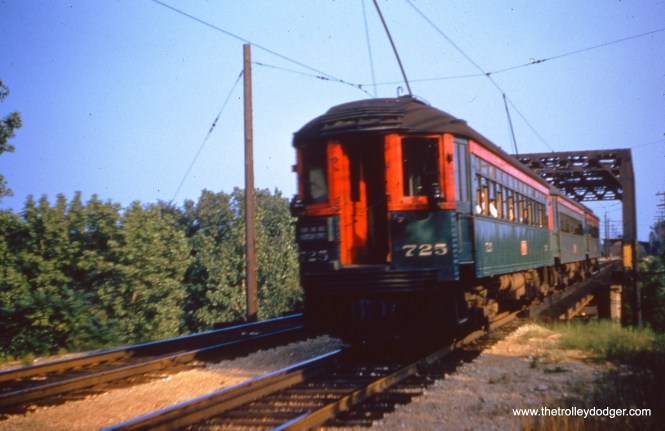NSL 725 at the rear of a train crossing the same bridge on July 20, 1955. (Joseph Canfield Photo)