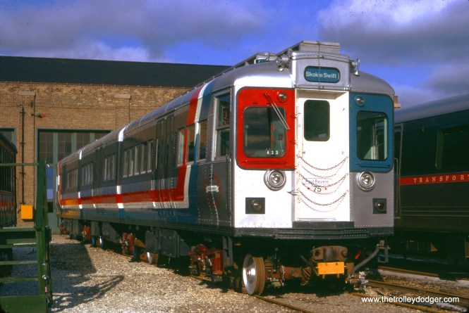 CTA articulated compartment car 5002, renumbered to car 52 in the early 1960s, was once again renumbered as 75 for this country's bicentennial. It eventually went to the Illinois Railway Museum as 52. Here we see it at Skokie Shops on January 26, 1975. (Bruno Berzins Photo)