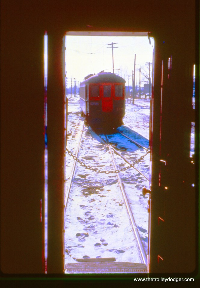 Here, we see NSL 165 through the rear door of 703 at Edison Court in Waukegan on January 16, 1963. (John D. Horachek Photo, William Shapotkin Collection)