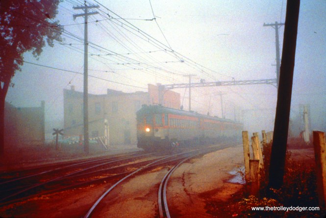 October 6, 1962 was one foggy morning on the NSL, as train 404 prepares to take a switch off Commonwealth Avenue at Valley junction in North Chicago. (John D. Horachek Photo, William Shapotkin Collection)