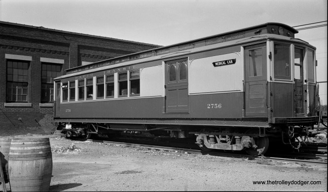 Chicago Rapid Transit Company medical car 2756 at Laramie Yards on September 19, 1934. It was built by Barney & Smith in 1895 and had been used as a funeral car. It could carry baggage as well as passengers.