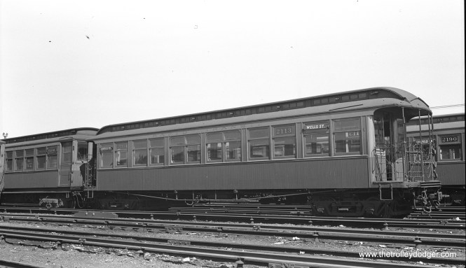 CTA Met car 2113 at Laramie Yard in August 1948. Don's Rail Photos: "2104 thru 2154 were built by Pullman in 1894 as M-WSER 104 thru 154. In 1913 they were renumbered 2104 thru 2154, and in 1923 they became CRT 2104 thru 2154." This would have been one of the original cars used on the Metropolitan West Side Elevated when it opened in 1895.