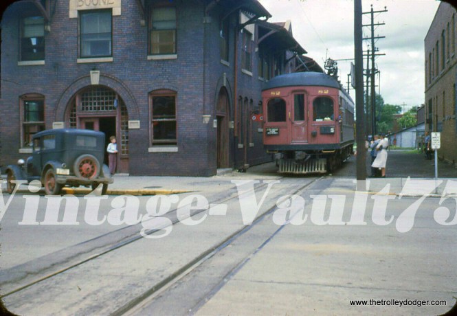Fort Dodge, Des Moines & Southern (Iowa) car 82 in 1947. That car at left is probably from the late 1920s, though.
