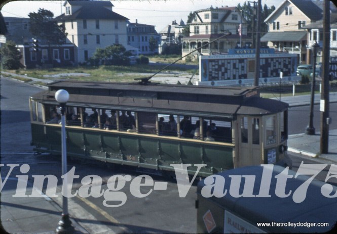 This Kodachrome slide is from 1943 and shows the Five Mile Beach Electric Railway in Wildwood, NJ, which converted to buses the following year. This is a resort town and business was hurt during the war, as there were nighttime blackouts.