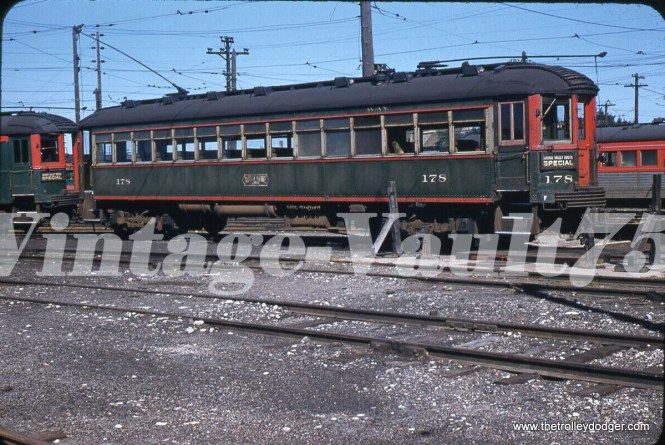 North Shore Line 178 at Harrison Street in Milwaukee in 1955. Don's Rail Photos: "178 was built by Cincinnati Car in September 1920, #2455."