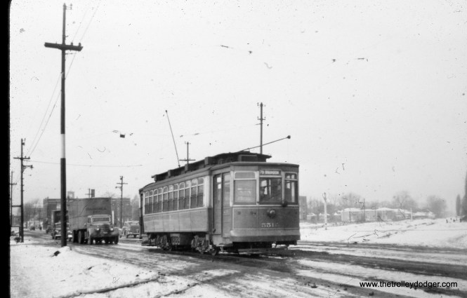 CTA 5512 at 79th and Wentworth in January 1948. Correction- Robert Lalich writes, "Photo rbk612 shows car 5512 crossing the B&O Brookdale Branch at 79th and Oglesby."