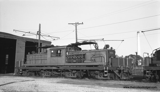 North Shore Line four-truck loco 459 at Pettibone Yards in North Chicago, IL on October 23, 1954. (Robert Selle Photo) Sderailway notes, "North Shore Line freight motor 459, one of two large four truck motors purchased from Oregon Electric, 459 was built in 1941 and sold to the North Shore Line in 1946. The large motors supplemented NSL’s smaller, slower, lower horse powered fleet of steeple cabs. With 459 being only 5 years old when purchased from OE it seems with only 17 years more years in NSL service, it still had a lot of “life” left in it."