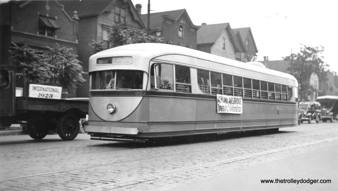 Likewise, this picture of CSL 7001 can be dated to 1936, since it is signed as part of the opening ceremonies for the new Ashland Avenue bridge, which connected both parts of the Ashland car line. As the new PCCs weren't delivered until later in the year, 7001 was CSL's newest car and thus was featured along with a parade of historical equipment. As we have shown in other posts, the interior was similar to the pre-PCC cars built in 1935 for Washington, DC. It was retired in 1944 and unfortunately, scrapped in 1959.