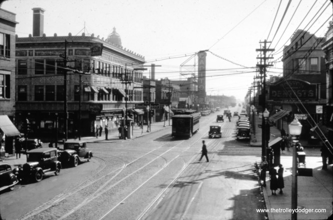 CSL 5222 on Halsted at 79th Street, apparently in the late 1920s. The Capitol Theater was located at 7941 S. Halsted and opened in 1925. The view looks south. M.E. notes: "In this photo you see tracks switching between Halsted and 79th St. These switches took Halsted cars east on 79th St. to Vincennes, then north to 77th St. to the big CSL barn. Those tracks could also have led to Emerald Ave. (a half block east of Halsted), where the Halsted cars turned south, then west into the terminal at roughly 79th Place between Emerald and Halsted. From the picture, I can't determine whether that terminal existed in the 1920s. Halsted cars could have also used the barn farther south at 88th and Vincennes, which had been the barn for the interurban line that ran from Kankakee to the L at 63rd Place and Halsted." "I don't know when the barn at 103rd and Vincennes (also on the Halsted route) opened, but even had it existed in the 1920s, there would not have been a track connection between the Halsted cars running on a private right-of-way east of Vincennes, and the barn on the southwest corner of 103rd and Vincennes. I say this with certainty because, at the intersection of 103rd St., Vincennes Ave. and Beverly Blvd. (which came in from the northwest), there was also the freight line of the Pennsylvania Railroad that ran alongside Beverly Blvd. and crossed both the CSL Vincennes line and the Rock Island main line. So there would not have been any room to run streetcar trackage to the barn! Plus, I believe the 103rd St. barn was strictly a bus barn. But the junction of 103rd and Vincennes, the center of the neighborhood called Washington Heights, would have been a great railfanning location, with Rock Island mainline and commuter trains, CSL Vincennes streetcars, and the Pennsy freights."