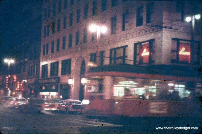 "In the last days of the last streetcar line in Milwaukee, a Wells Street car trundels through downtown." This would have to be no later than 1958. A new modern streetcar line began operations in Milwaukee a few years ago. (A. C. Kalmbach Photo)