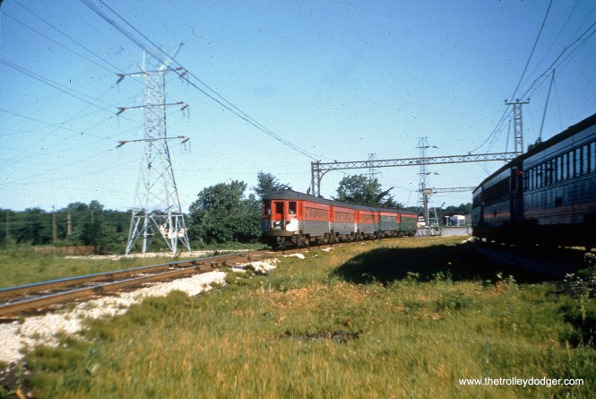 A five-car North Shore Line train on July 5, 1957. (Joseph Canfield Photo)