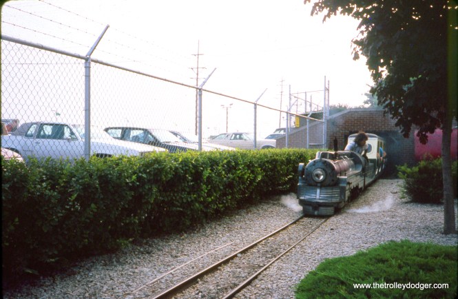The Pioneer Limited (live steam) at Kiddieland amusement park in August 1992. After Kiddieland closed, the steam engines were purchased by the Hesston Steam Museum.