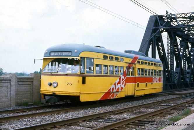Cleveland RTA PCC 75 is at East 83rd Street on the Shaker Heights Rapid Transit line on May 30, 1976.