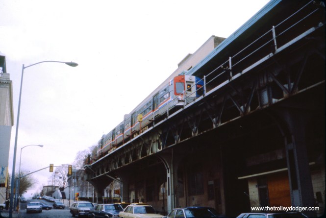 SEPTA 6139-6140 (ex-CTA) at the Norristown terminal on March 10, 1987. Until 1951, there was a ramp continuing north from here, leading to street trackage used by the Lehigh Valley Transit's Liberty Bell interurban, which continued to Allentown. This terminal has since been replaced.