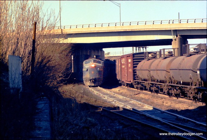 Two B&O trains passing at NA Tower, Baltimore