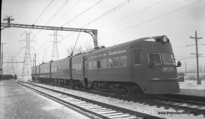 One of the two North Shore Line Electroliners on its February 8, 1941 inaugural trip. This image is taken from the original negative. The location is Harmswoods.