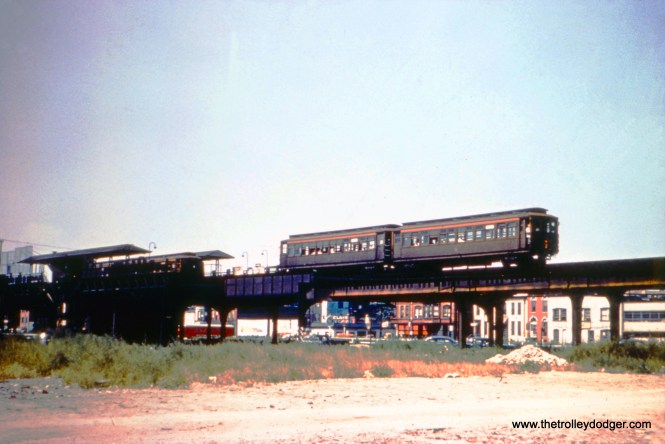 This is the old Ogden Avenue station on the Garfield Park "L", on August 22, 1953. This station closed on September 27 and the structure here was demolished soon thereafter. Garfield trains were temporarily relocated to run on ground level in Van Buren Street.