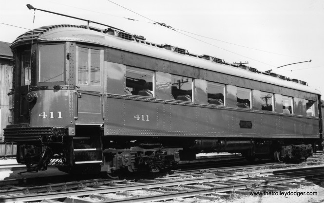 NSL 411 at Highwood on June 12, 1949. Don's Rail Photos: "411 was built as a trailer observation car by Cincinnati Car in June 1923 #2640. It was out of service in 1932. It was rebuilt on February 25, 1943 as a two motor coach by closing in the open platform and changing the seating, and was sold to Trolley Museum of New York in 1963. It was sold to Wisconsin Electric Railway & Historical Society in 1973 and sold to the Escanaba & Lake Superior in 1989." (Gordon E. Lloyd Photo)
